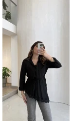 Bağlamalı Dantel Detay Çizgili İçi Askılı Body Gömlek - Siyah - Kod: 39290