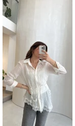 Bağlamalı Dantel Detay Çizgili İçi Askılı Body Gömlek - Ekru - Kod: 39290