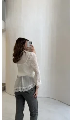 Bağlamalı Dantel Detay Çizgili İçi Askılı Body Gömlek - Ekru - Kod: 39290