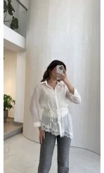 Bağlamalı Dantel Detay Çizgili İçi Askılı Body Gömlek - Ekru - Kod: 39290