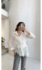 Bağlamalı Dantel Detay Çizgili İçi Askılı Body Gömlek - Ekru - Kod: 39290