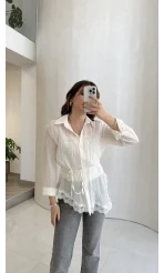 Bağlamalı Dantel Detay Çizgili İçi Askılı Body Gömlek - Ekru - Kod: 39290