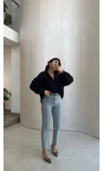 Helen Pamuk Kumaş Uzun Çizgili Gömlek - Lacivert - Kod: 2194