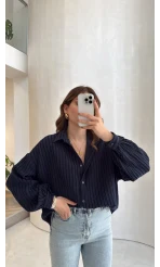 Helen Pamuk Kumaş Uzun Çizgili Gömlek - Lacivert - Kod: 2194