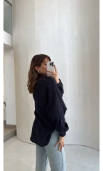 Helen Pamuk Kumaş Uzun Çizgili Gömlek - Lacivert - Kod: 2194