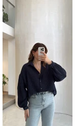 Helen Pamuk Kumaş Uzun Çizgili Gömlek - Lacivert - Kod: 2194