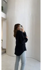 Helen Pamuk Kumaş Uzun Çizgili Gömlek - Lacivert - Kod: 2194