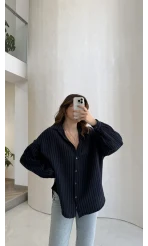 Helen Pamuk Kumaş Uzun Çizgili Gömlek - Lacivert - Kod: 2194