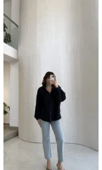 Helen Pamuk Kumaş Uzun Çizgili Gömlek - Lacivert - Kod: 2194