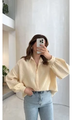 Helen Pamuk Kumaş Uzun Çizgili Gömlek - Sarı - Kod: 2194