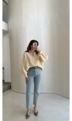 Helen Pamuk Kumaş Uzun Çizgili Gömlek - Sarı - Kod: 2194