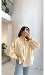 Helen Pamuk Kumaş Uzun Çizgili Gömlek - Sarı - Kod: 2194