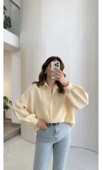 Helen Pamuk Kumaş Uzun Çizgili Gömlek - Sarı - Kod: 2194