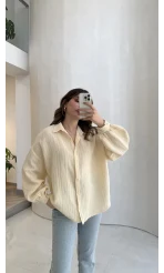 Helen Pamuk Kumaş Uzun Çizgili Gömlek - Sarı - Kod: 2194