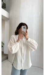 Helen Pamuk Kumaş Uzun Çizgili Gömlek - Ekru - Kod: 2194