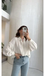 Helen Pamuk Kumaş Uzun Çizgili Gömlek - Ekru - Kod: 2194