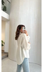 Helen Pamuk Kumaş Uzun Çizgili Gömlek - Ekru - Kod: 2194