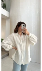 Helen Pamuk Kumaş Uzun Çizgili Gömlek - Ekru - Kod: 2194