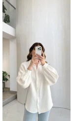 Helen Pamuk Kumaş Uzun Çizgili Gömlek - Ekru - Kod: 2194