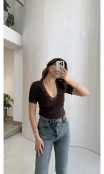 Fitilli Dantel Detay Bluz - Kahverengi - Kod: 1080