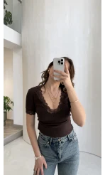 Fitilli Dantel Detay Bluz - Kahverengi - Kod: 1080