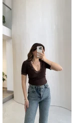 Fitilli Dantel Detay Bluz - Kahverengi - Kod: 1080