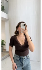 Fitilli Dantel Detay Bluz - Kahverengi - Kod: 1080