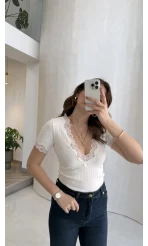 Fitilli Dantel Detay Bluz - Ekru - Kod: 1080