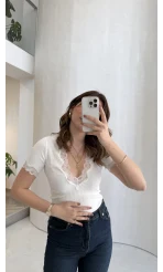 Fitilli Dantel Detay Bluz - Ekru - Kod: 1080