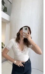 Fitilli Dantel Detay Bluz - Ekru - Kod: 1080