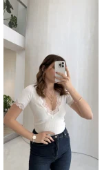 Fitilli Dantel Detay Bluz - Ekru - Kod: 1080