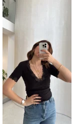 Fitilli Dantel Detay Bluz - Siyah - Kod: 1080