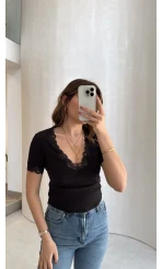 Fitilli Dantel Detay Bluz - Siyah - Kod: 1080