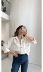 Cepli Uzun Gömlek - Ekru - Kod: 2191