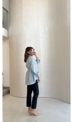 Arkası Pile Detay Bağcıklı Pamuklu Gömlek - Mavi - Kod: 2206