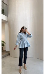 Arkası Pile Detay Bağcıklı Pamuklu Gömlek - Mavi - Kod: 2206