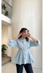 Arkası Pile Detay Bağcıklı Pamuklu Gömlek - Mavi - Kod: 2206
