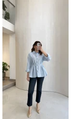 Arkası Pile Detay Bağcıklı Pamuklu Gömlek - Mavi - Kod: 2206