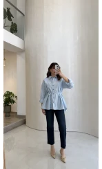 Arkası Pile Detay Bağcıklı Pamuklu Gömlek - Mavi - Kod: 2206