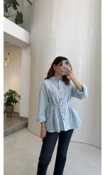 Arkası Pile Detay Bağcıklı Pamuklu Gömlek - Mavi - Kod: 2206