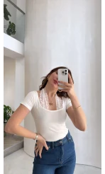 Dantel Boyundan Geçmeli Bluz - Ekru - Kod: 8570