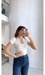 Dantel Boyundan Geçmeli Bluz - Ekru - Kod: 8570