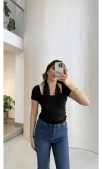 Dantel Boyundan Geçmeli Bluz - Siyah - Kod: 8570