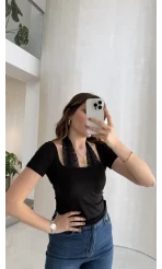 Dantel Boyundan Geçmeli Bluz - Siyah - Kod: 8570