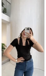 Dantel Boyundan Geçmeli Bluz - Siyah - Kod: 8570