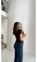 Dantel Boyundan Geçmeli Bluz - Kahverengi - Kod: 8570