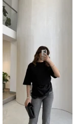 Asimetrik Kesim Dantel Detay T-shirt - Siyah - Kod: 0771