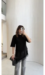 Asimetrik Kesim Dantel Detay T-shirt - Siyah - Kod: 0771