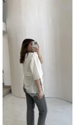 Asimetrik Kesim Dantel Detay T-shirt - Ekru - Kod: 0771