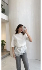 Asimetrik Kesim Dantel Detay T-shirt - Ekru - Kod: 0771